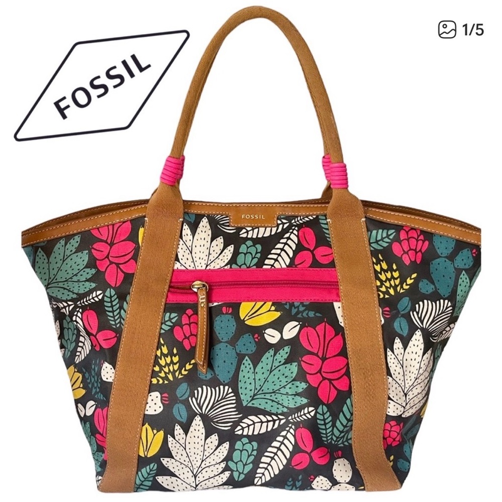 New nwot Fossil Eliza Tote bag Dark Floral w zip pouch wristlet